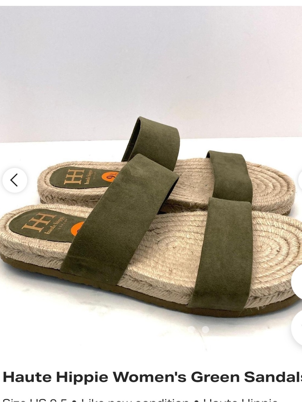 NWOT Haute Hippie Olive Green Double-Strap Espadrille Slide Sandals, Size 6.5